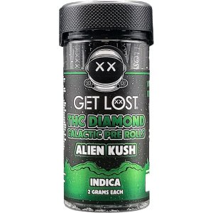 Get Lost 2G THC Diamond Prerolls 10ct in Alien Kush flavor, featuring THCA flower and liquid diamonds for a stellar experience.