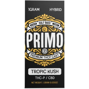 Half Bak'd PRIMO 1G vape cartridge featuring Pnk Runtz, Tropic Kush, Blue Milk, and more for a flavorful experience.
