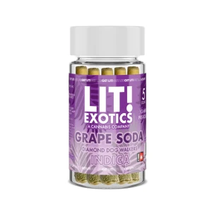 LIT! Exotics Diamond Dog Walkers 1G Prerolls 5CT in Grape Soda flavor, featuring liquid diamonds and premium THC flower.