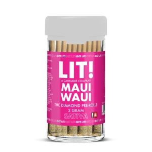 LIT! Maui Waui THC liquid diamonds pre-rolls in a 10ct jar, featuring premium THCA flower for an exceptional experience.