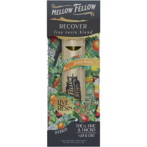Mellow Fellow disposable THC vape pen featuring 2ML Juicy Fruit live resin blends for a smooth, flavorful experience.