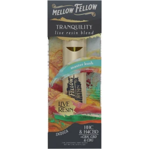 Mellow Fellow disposable THC vape pen featuring Master Kush flavor in a 2ML live resin blend for a smooth experience.