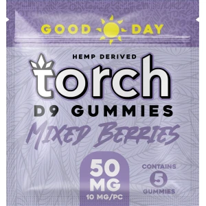 Torch Gummies - 50mg Good Day Sativa Gummies in Mixed Berries flavor, perfect for daytime enjoyment and infused with live resin.