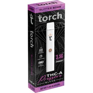 Torch 3.5g disposable THCA vape in Glitter Bomb flavor, offering the best vaping experience with Black Cherry Gelato strain.