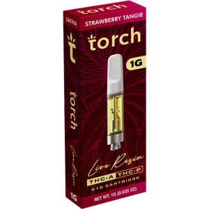 Enjoy the Torch live resin cart in Strawberry Tangie flavor, featuring THCA and THCP for a vibrant vaping experience.