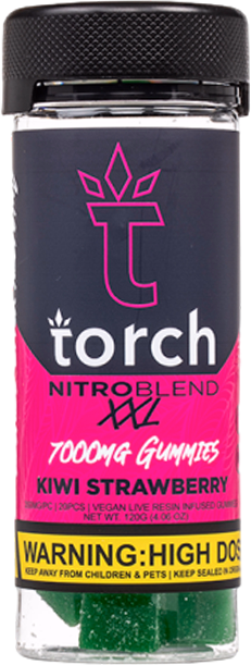 Delicious Torch Nitro Blend XXL gummies in Kiwi Strawberry flavor, packed with 7000mg of THCP and HHCP.