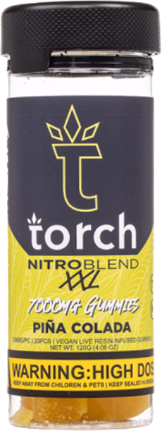 Delicious Torch Nitro Blend XXL THCP gummies in Pina Colada flavor, delivering 7000mg of potent THCP goodness.