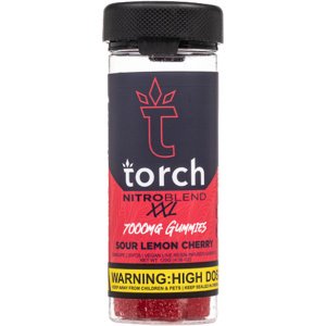 Torch Nitro Blend XXL gummies in Sour Lemon Cherry flavor, packed with 7000mg of THCP and HHCP for a potent experience.