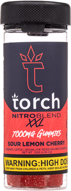 Torch Nitro Blend XXL gummies in Sour Lemon Cherry flavor, packed with 7000mg of THCP and HHCP for a potent experience.