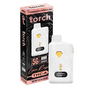 Torch THCA disposable vape featuring live rosin in flavors like Banana Berry Cake and Tropical Cherry Gas.