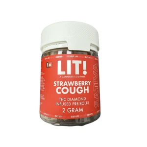 LIT! 2G preroll display jar featuring Strawberry Cough flavor, packed with premium THCA flower for a smooth experience.