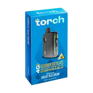 Torch designer disposable vape in Boujee Blue flavor, featuring 4G distillate THCP, THCA, HHC, and D8.